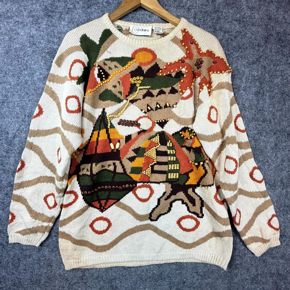 Vintage Cedars Sweater Adult Medium Tan Autumn Abstract Beaded Art To Wear Retro